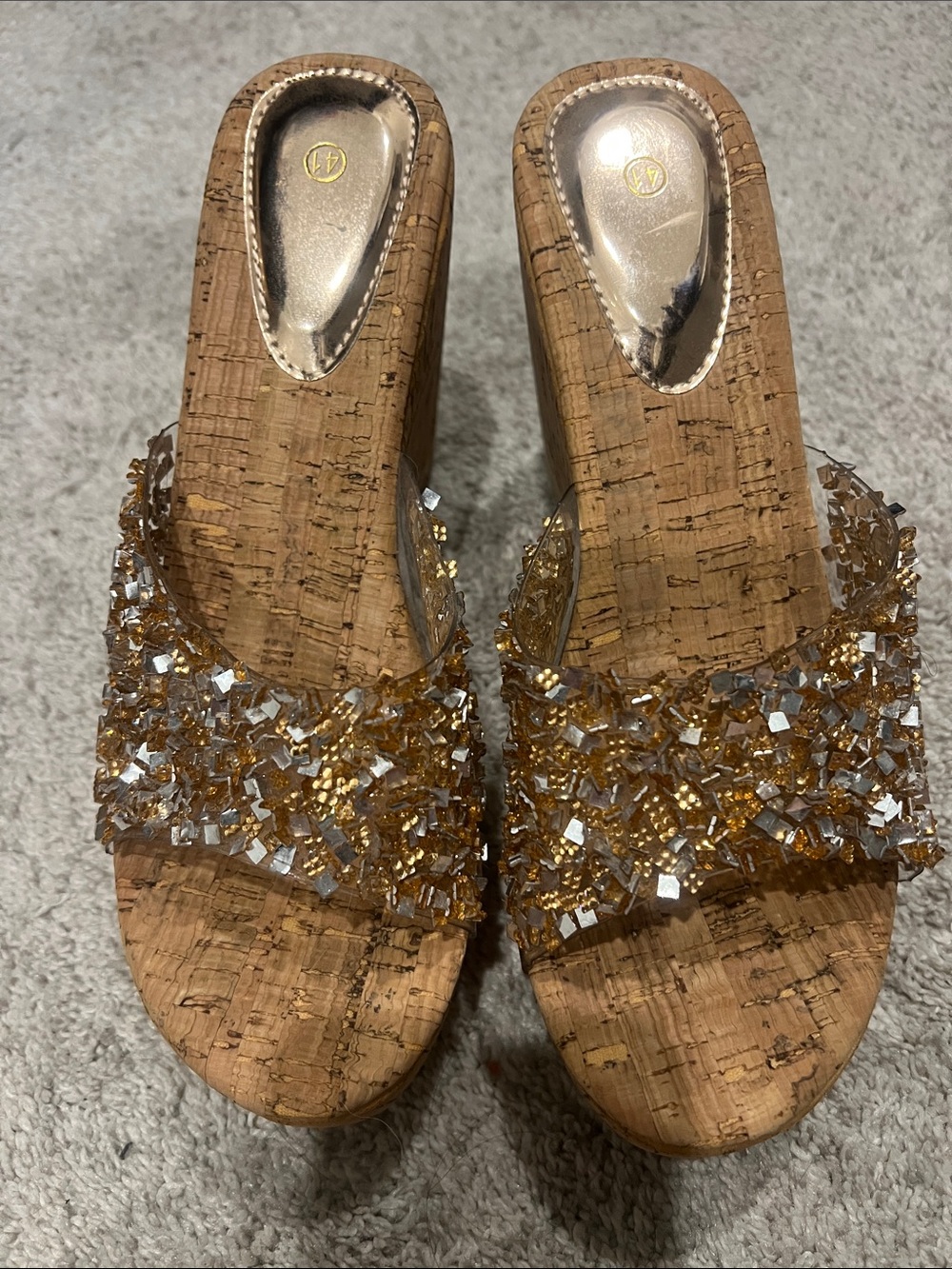 Embellished Cork Slide Sandals - Gold Beaded Accent